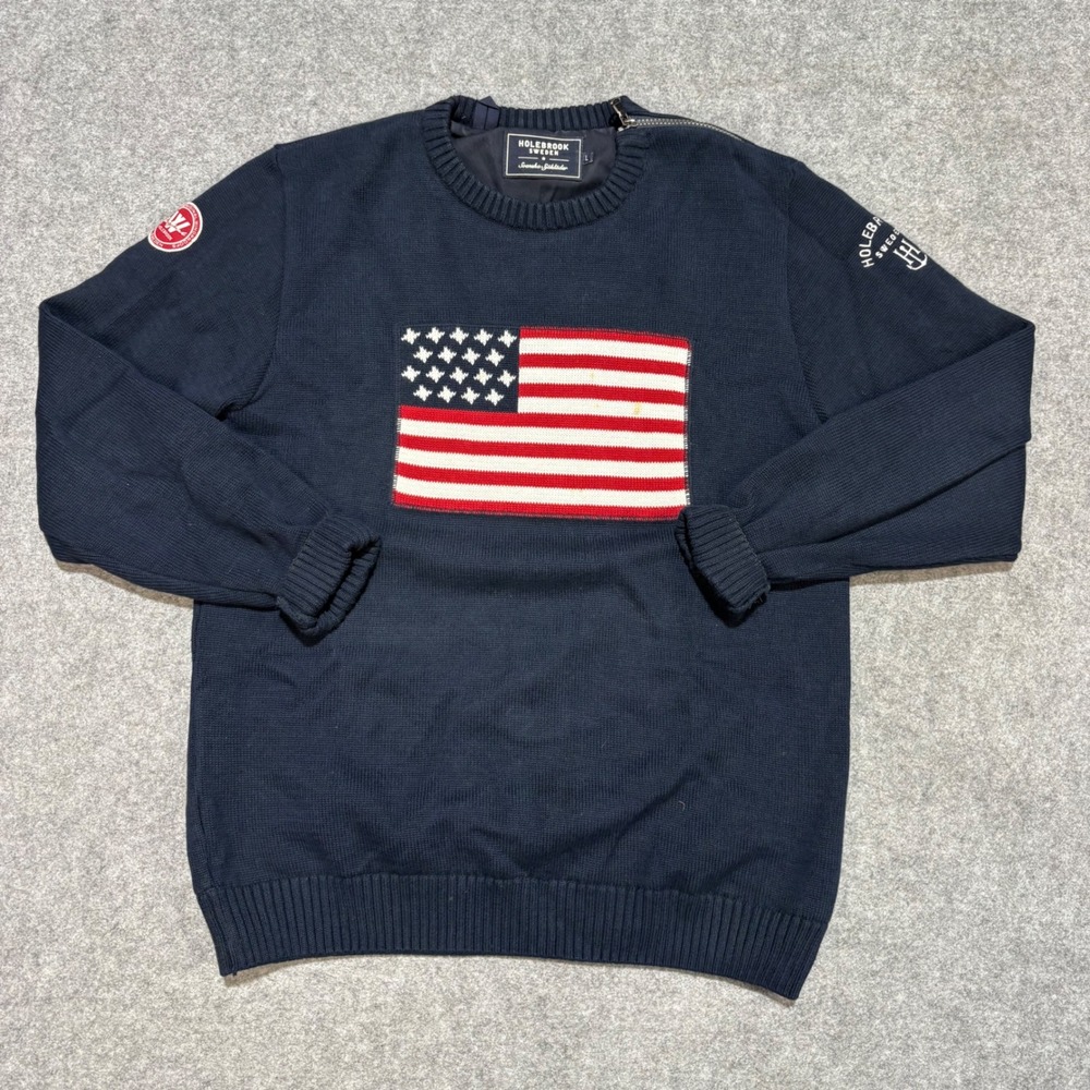 Holebrook Sweden Windproof Sweater Mens Large Navy American Flag Shoulder Zip